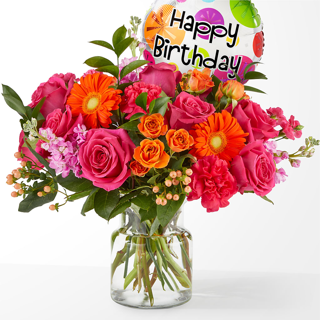 Fiesta Bouquet with Birthday Balloon – Holtschlag Florist, Quincy IL