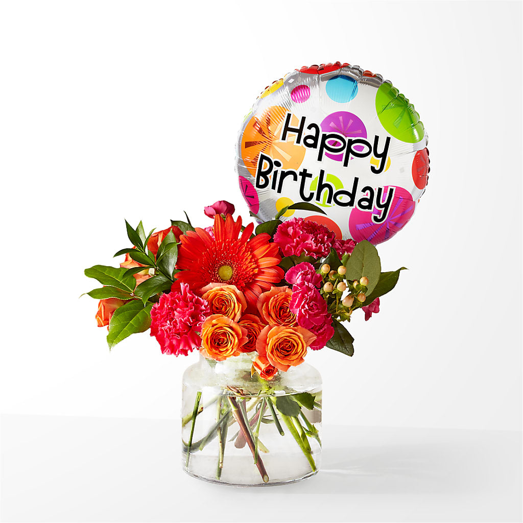 Fiesta Bouquet with Birthday Balloon – Holtschlag Florist, Quincy IL