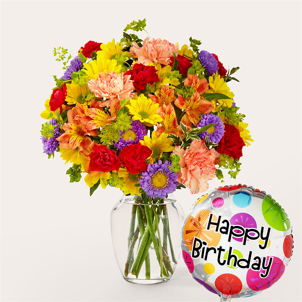 Kaleidoscope Bouquet with Birthday Balloon – Holtschlag Florist, Quincy IL