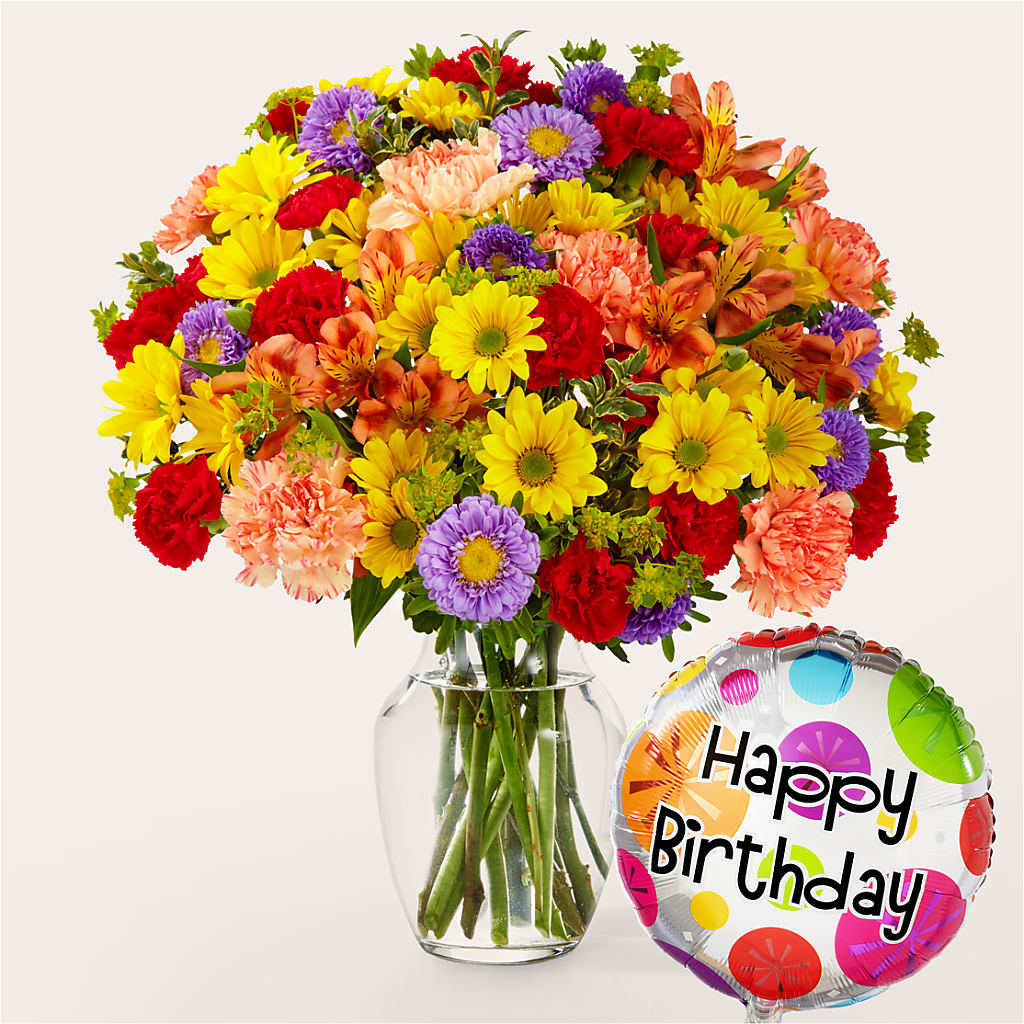 Kaleidoscope Bouquet with Birthday Balloon – Holtschlag Florist, Quincy IL