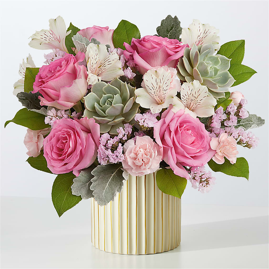 Dusty Rose Bouquet with Ivory Vase – Holtschlag Florist, Quincy IL