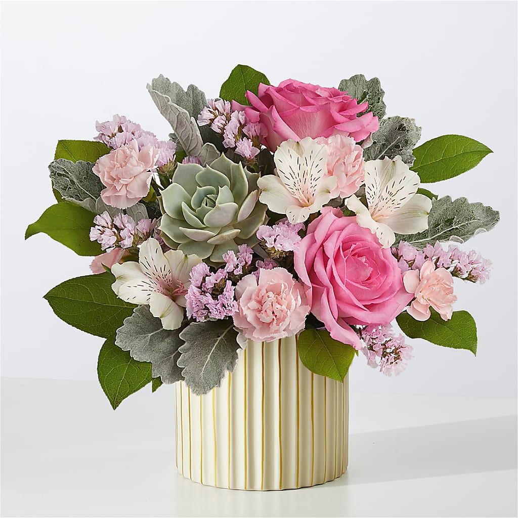 Dusty Rose Bouquet with Ivory Vase – Holtschlag Florist, Quincy IL