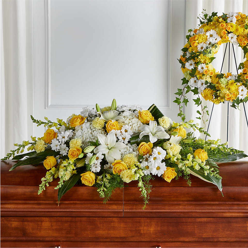 Golden Harmony Casket Spray – Holtschlag Florist, Quincy IL
