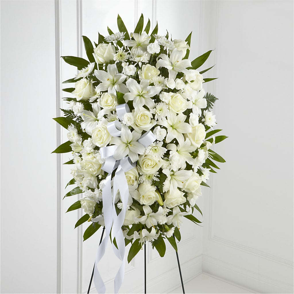 Exquisite Tribute Standing Spray-White Ribbon – Holtschlag Florist, Quincy IL