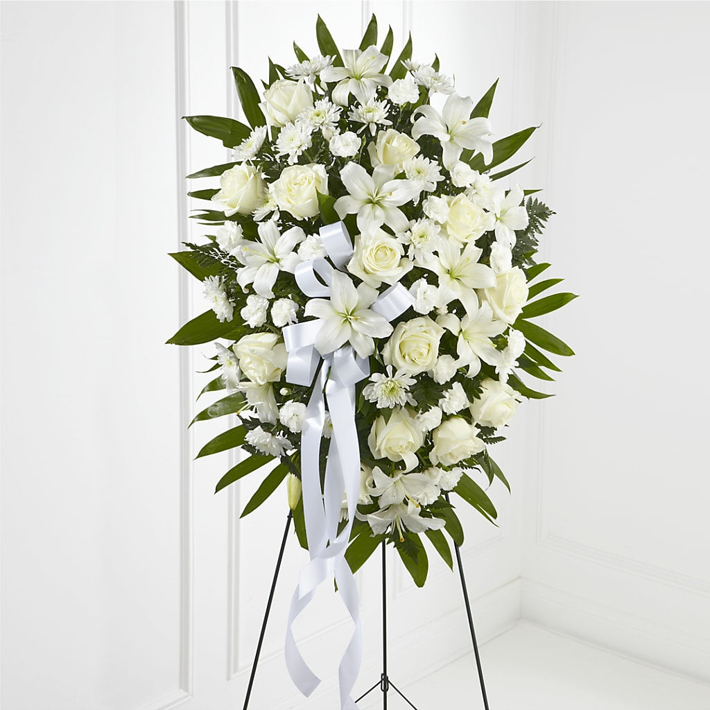 Exquisite Tribute Standing Spray-White Ribbon – Holtschlag Florist, Quincy IL