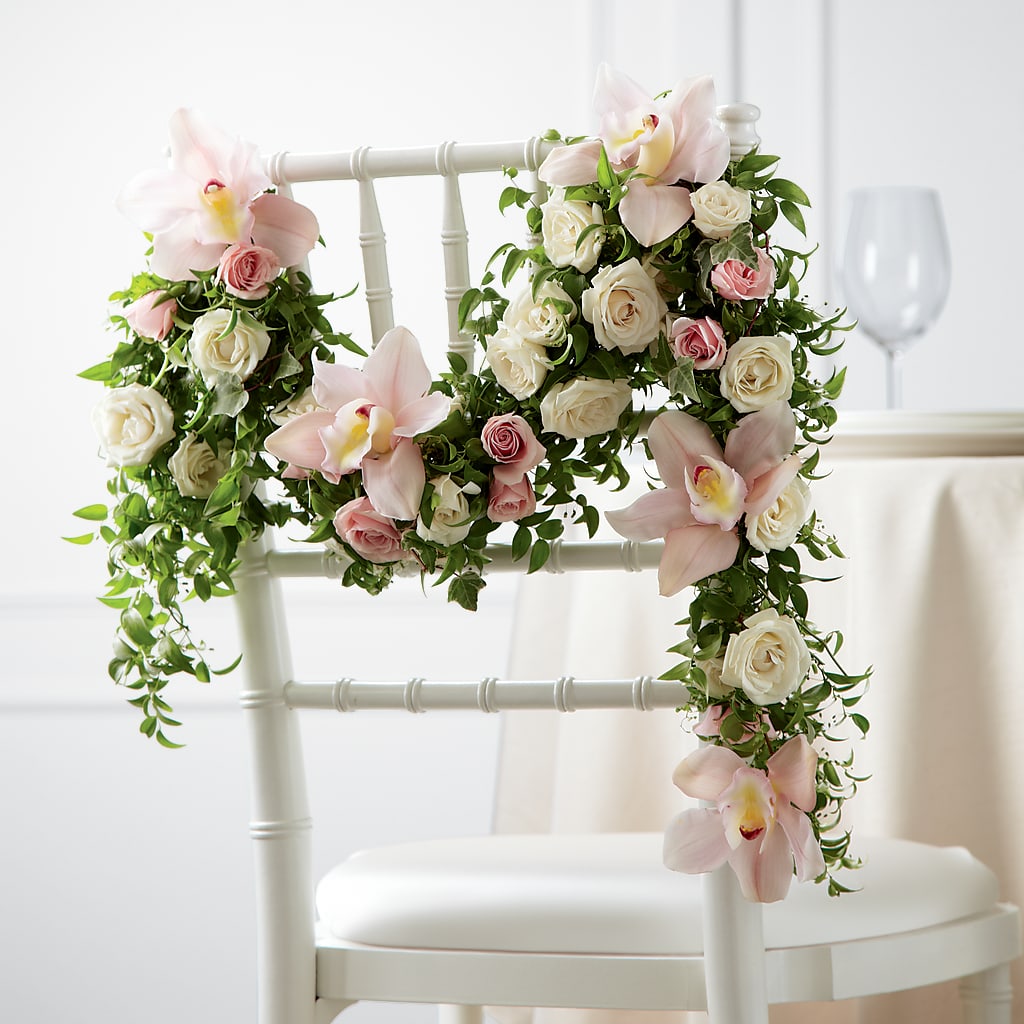 Orchid Rose Chair Décor – Holtschlag Florist, Quincy IL